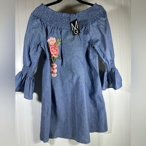 Blue Off-Shoulder Dress with Floral Embroidery
